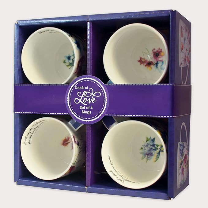 Christian Art Gifts Ceramic Coffee or Tea Mug Set for Women, Seeds of Love Garden Blooms Design Bible Verse Mug Set, Boxed Set of 4 Coffee Cups