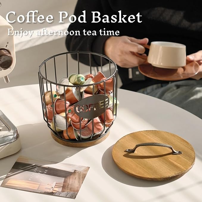 Metal Coffee Pod Holder Wire Coffee Pods Storage Basket Espresso Capsule Storage for Home Kitchen Cafe Hotel (Black with lid)