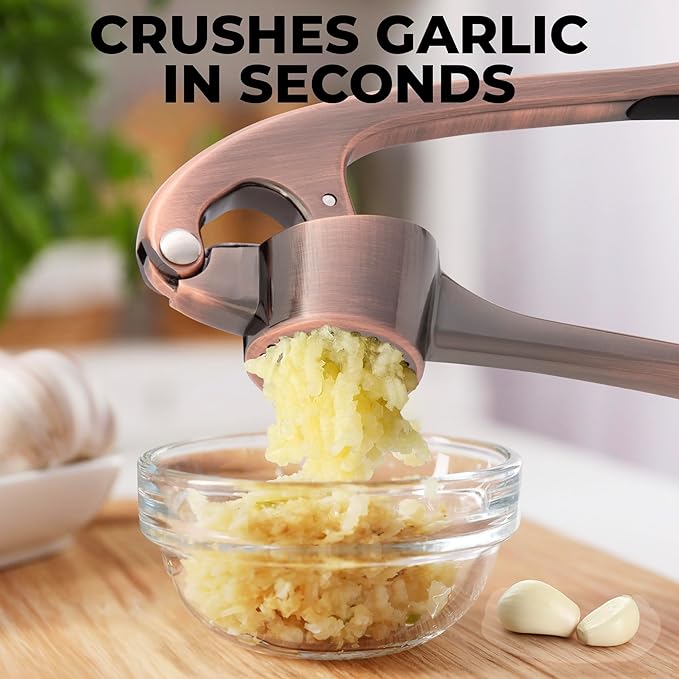 Zulay Kitchen Large Premium Garlic Press Set - Bigger Bowl for Bigger Garlic - Rust Proof Garlic Mincer Tool - Easy-Squeeze, Easy-Clean Silicone Garlic Peeler & Brush (Copper)