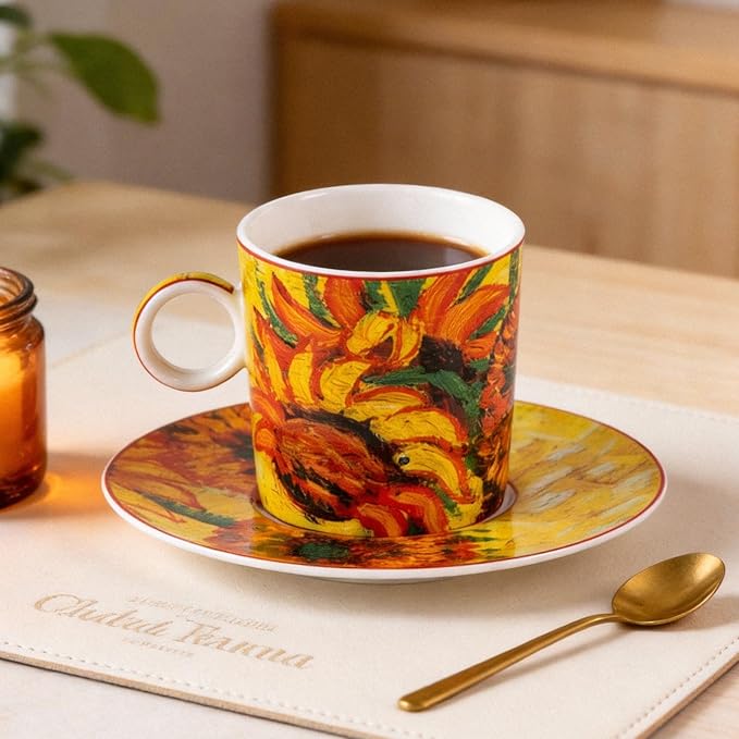 KAMMAK Tea Cups and Saucers Set of 2, Fine Bone China Coffee Cups, Stackable Espresso Mugs, Ceramic Demitasse for Coffee, Cappuccino, Latte, Americano, Tea, Small - Sunflower Oil Painting