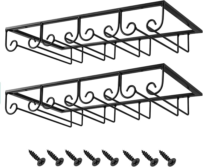 MOCOUM Under Cabinet Stemware Hanger, Glass Holder Storage Hanger for Cabinet Kitchen Bar (Black, 4 Rows 2 Pack)