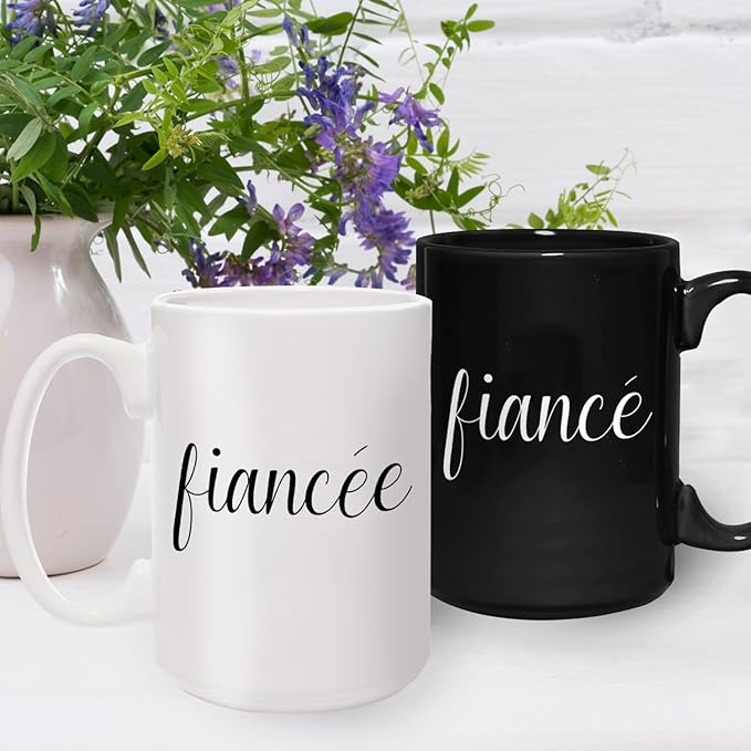 Canopy Street Fiance And Fiancee Mugs / 2 Jumbo 15 Ounce Engaged Couple Black And White Matching Ceramic Mugs/Modern Newlywed Relationship Engagement Cup Set/Wedding Coffee Drinkware