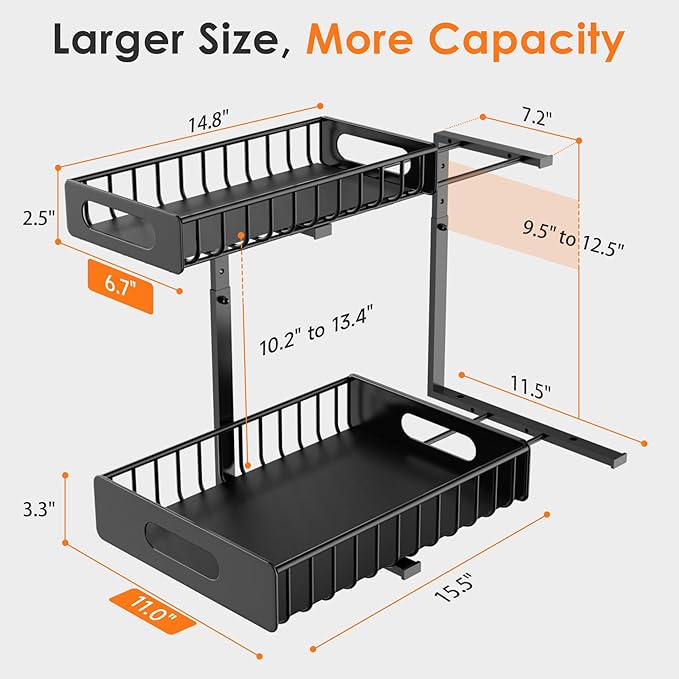 HBL' 1-Pack Large Metal Under Sink Organizer, 2-Tier Slide-Out Under the Kitchen Sink Organizer and Storage,Height Adjustable Under Sink Storage Shelves for Bathroom.