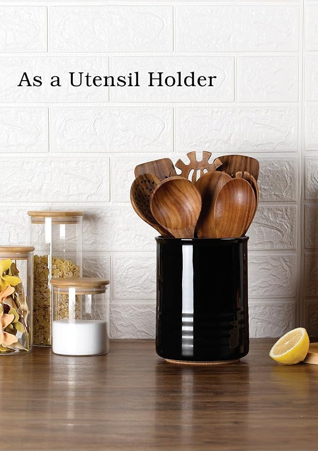 ABRUTY Utensil Holder, 6.7" Ceramic Kitchen Utensil Crock for Countertop Cooking, Modern Utensil Caddy Jar Organizer for Farmhouse Kitchen Counter Decor (Black)