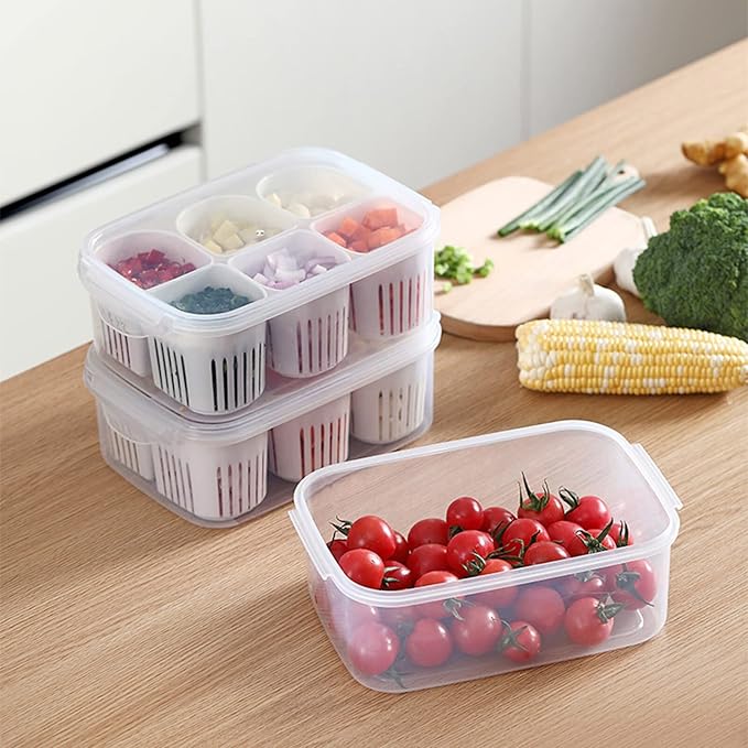 2Pcs Reusable Veggie Tray & 6-Compartment Dividers Snack Box with Lid Fridge Organizer Divided Food Storage Condiment Server for Meal Prep & Fridge Storage
