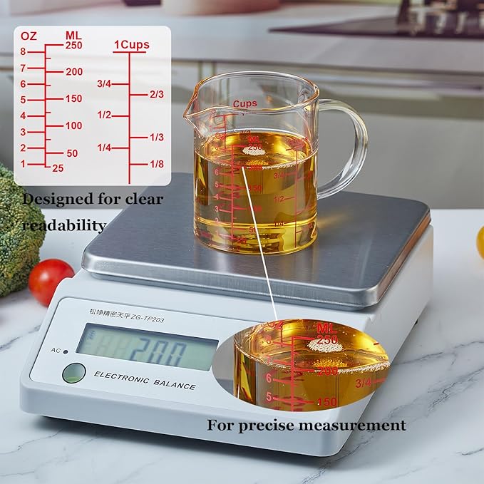 Ackers Mirror Graduated Glass Measuring Cup - [Insulated Handle | V-Shaped Spout] - High Borosilicate Glass Measuring Cup for Kitchen or Dining, Easy to Read, 250ml (8oz, 1 Cup)