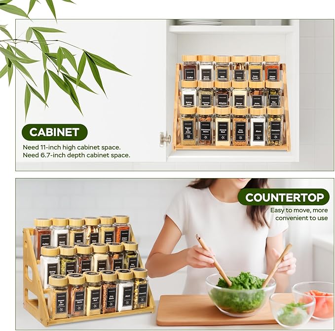 Spice Rack - Tiered Spice Rack Organization for Cabinet - 3 Tier Bamboo Display Spice Shelf for Countertop，Holds 24 Spice Jars