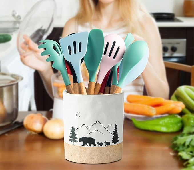 dgudgu Bear Ceramic Kitchen Countertop Utensil Crock White Large Cooking Utensil Holder
