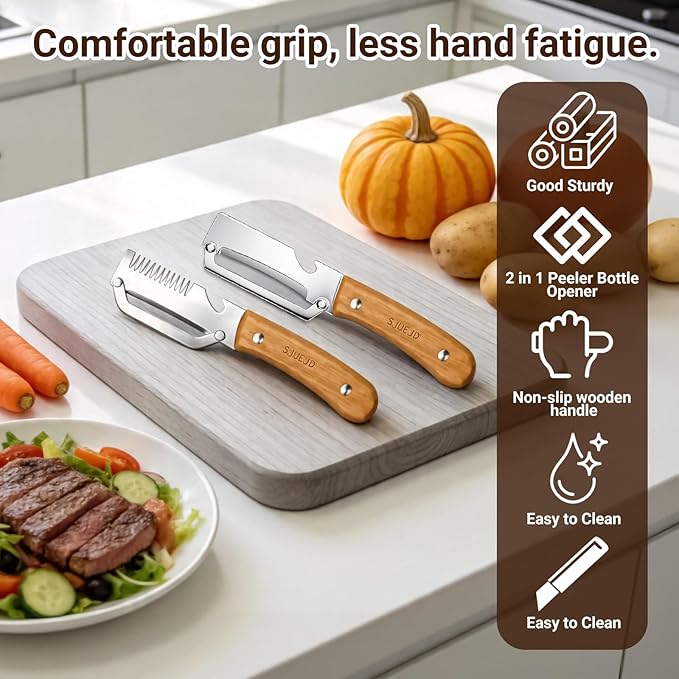 Multifunctional Vegetable Peeler for Kitchen Tool Wooden Smooth Handle and Bottle Opener, Made of Stainless Steel 2 in 1 Potato Garlic Cucumber Orange Pumpkin Fruit (Sliced Style(1PC))