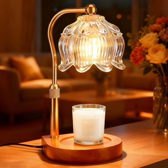 Candle Warmer Lamp with Timer Dimmer, Adjustable Height Candle Lamp Warmer for Jar Candles, Flower Glass Wax Melt Warmer with 2 Bulbs, Flameless Home Decor Gifts for Women Mom, Housewarming