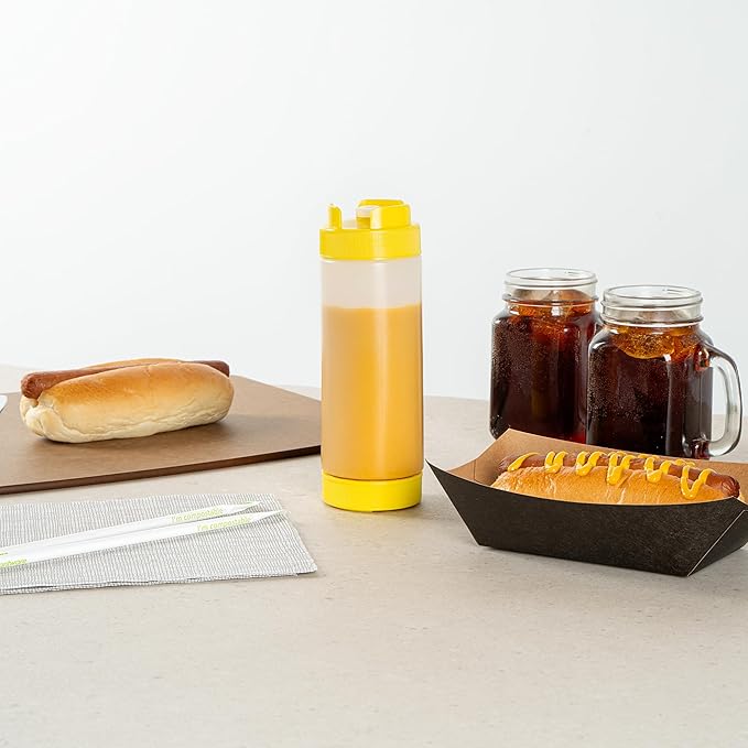 Restaurantware Plastic Squeeze Bottle 20 oz Refillable Condiment Bottle Large Valve Dishwashable Yellow Inverted Sauce Dispenser For Thick Condiments, Dressings, Batter, Sour Cream, And Syrups