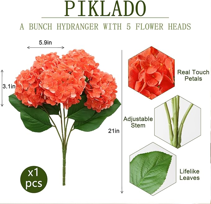 A Bunch 20in, Real Touch Hydrangea Artificial Flowers, with 5pcs Flower Head 8pcs Leaves, Faux Hydrangea Flowers for Home Office Decor Wedding Party Arrangements (1, Orange-red)