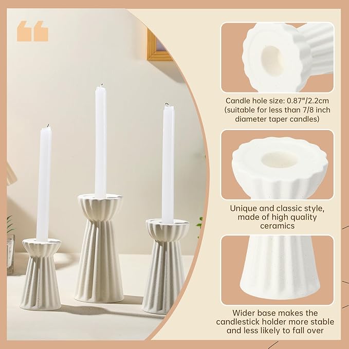 Honeydak Set of 3 Ceramic Taper Candle Holder Cream White Candlestick Holder Fluted Candle Stick Stand Boho Nordic Modern Decorative Table Centerpiece Wedding Home Dinner Party Housewarming Gift