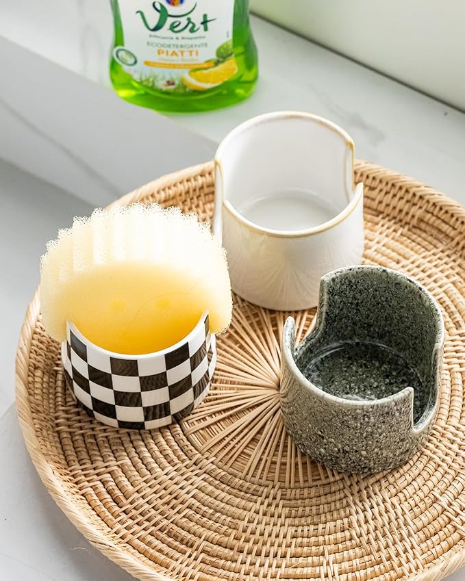 Zoeeker Kitchen Sponge Holder, Ceramic Dish Sponge Holder Scrubby Daddy Farmhouse Dish Rack Brush Holder for Bathroom, Kitchen, Sink, Special Gray