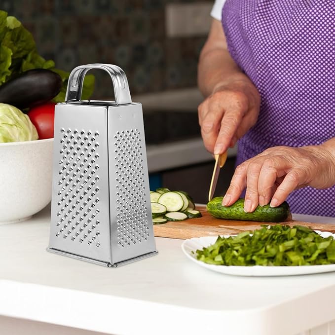 MAGICLULU 1pc Stainless Steel Vegetable Grater Portable Metal Grater 4-Sided Cheese Grater with Handle for Kitchen Restaurant (6inch)