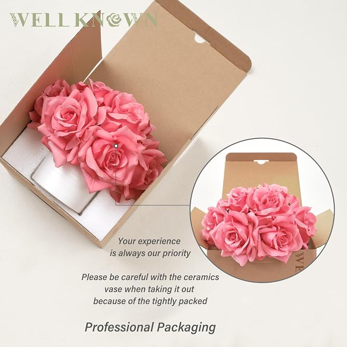 WELL KNOWN Artificial Flowers in Vase, Silk Rose Arrangement Mini Potted Fake Flowers with White Ceramic Vase for Home Wedding Vanity Coffee Table Centerpiece Bathroom Anniversary Decor (Hot Pink)