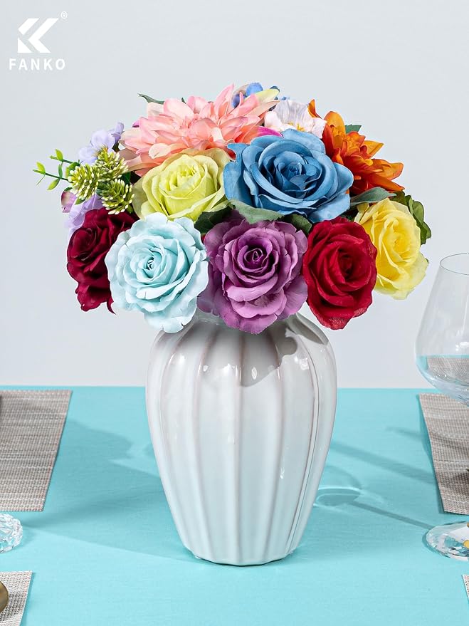 FANKO Artificial Flowers for DIY, Rainbow Multicolor Faux Flowers Bouquet, Colorful Fake Rose Daisy Lily Silk Flowers for Vase, Home Decor, Garland, Wedding, Birthday, Party, Romantic Celebration