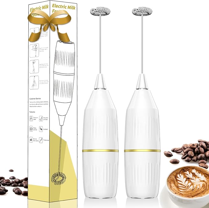 2 Pack Easy Clean Milk Frother Wand (White) | Detachable Whisk, One-Touch, Superior Frothing | Coffee, Latte, Matcha, Gift Idea