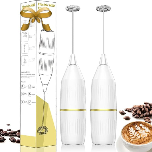2 Pack Easy Clean Milk Frother Wand (White) | Detachable Whisk, One-Touch, Superior Frothing | Coffee, Latte, Matcha, Gift Idea