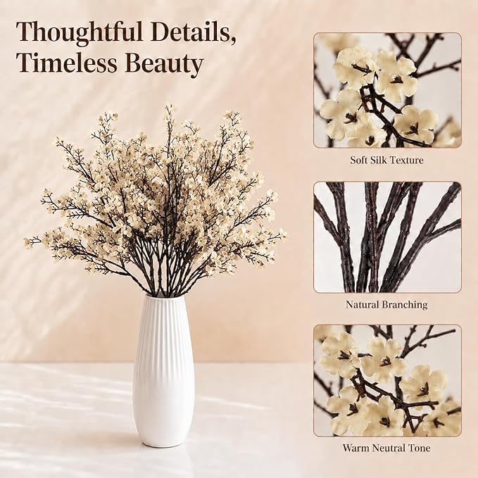 Mandy's Champagne Artificial Baby’s Breath Flowers 6 Bundles Silk Gypsophila, 18.5 Inch European Style Modern Home Decor Centerpiece, Neutral Wedding Flower Arrangements