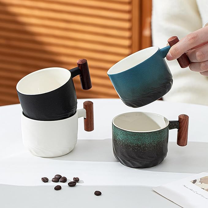2.5oz Ceramic Espresso Cups with Wooden Handle, Chinese KungFu Tea Cup, Coffee Cups Set of 4 (Multicolor)