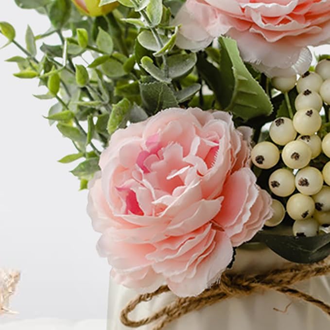 EOBTAIN Fake Flowers in Vase Pink Silk Flowers for Coffee Table Decor Faux Potted Flowers Decoration for Indoor Ceramic Vase with Artificial Plants Flowers Home Decor,Dining Table Centerpiece.