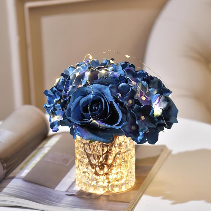 Rose Silk Flower Arrangement Artificial Vivid Rose in Glass Vase with LED Light Elegant Centerpiece for Home Wedding Bathroom Table Shelf Decoration (Navy Blue)