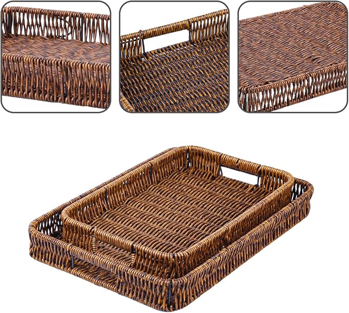2pcs Rectangular Serving Tray with Handles, Decorative Wicker Organizer Baskets Storage Tray for Coffee Table, Bread, Fruit, Snacks, Centerpiece Decor