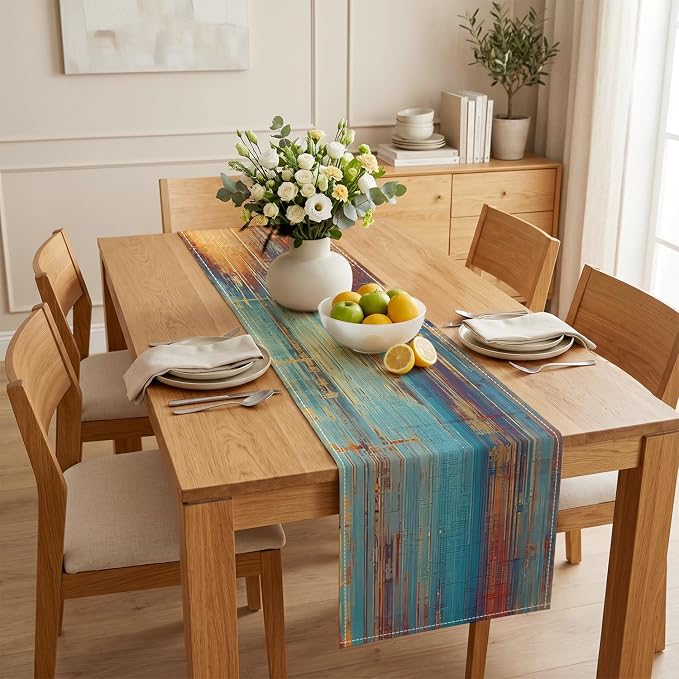 Niviy Brown Blue Wood Grain Linen Table Runner, 12x72 Inch Washable Table Runners Easy to Clean Kitchen Table Decor for Holiday Party Kitchen Dining Table Decoration