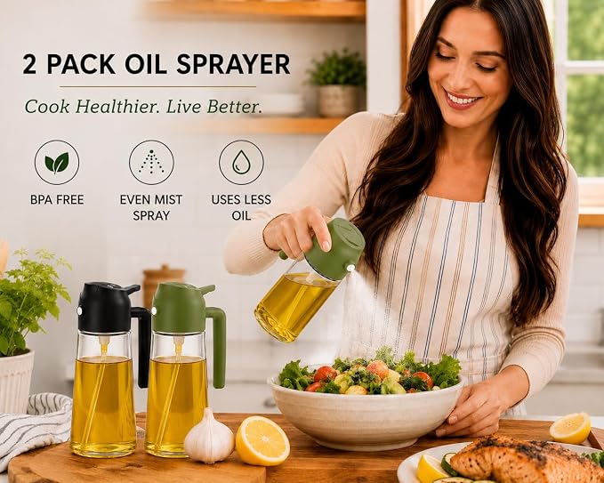 Oil Sprayer for Cooking, 2 Pack Olive Oil Sprayer Bottle, 16oz Glass Oil Dispenser for Kitchen, Fine Mist Spray & Pour, BPA-Free, Refillable, Leakproof, Air Fryer, Salad, BBQ & Cooking