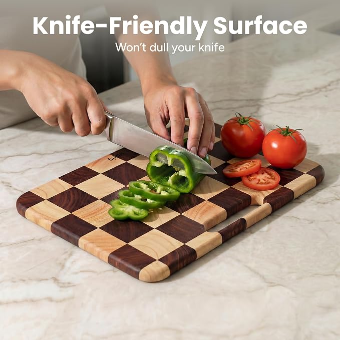 SMIRLY Wooden Cutting Boards for Kitchen, Double-Sided Cutting Board with Handle, Heavy Duty Solid Rubber Wood Cutting Board Set with Stand, 3 Pcs Cutting Boards Non Toxic for Meat Vegetable Fruit