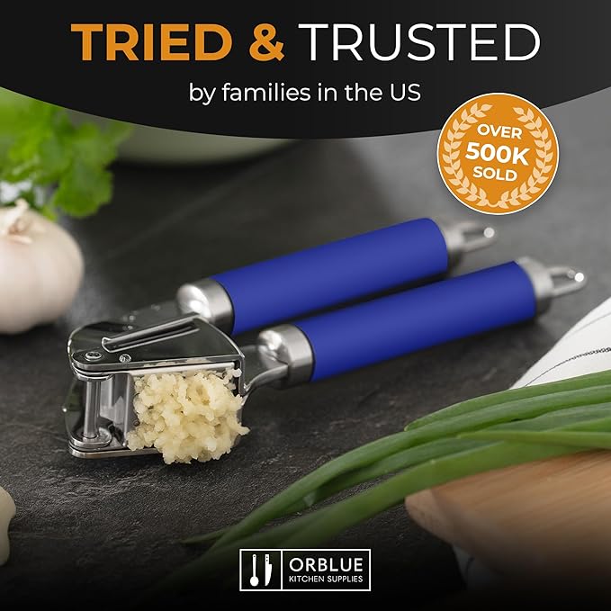 ORBLUE Garlic Press and Peeler Set, Stainless Steel - Professional Grade Mincer, Crusher - Dishwasher Safe & Rust-proof, Blue
