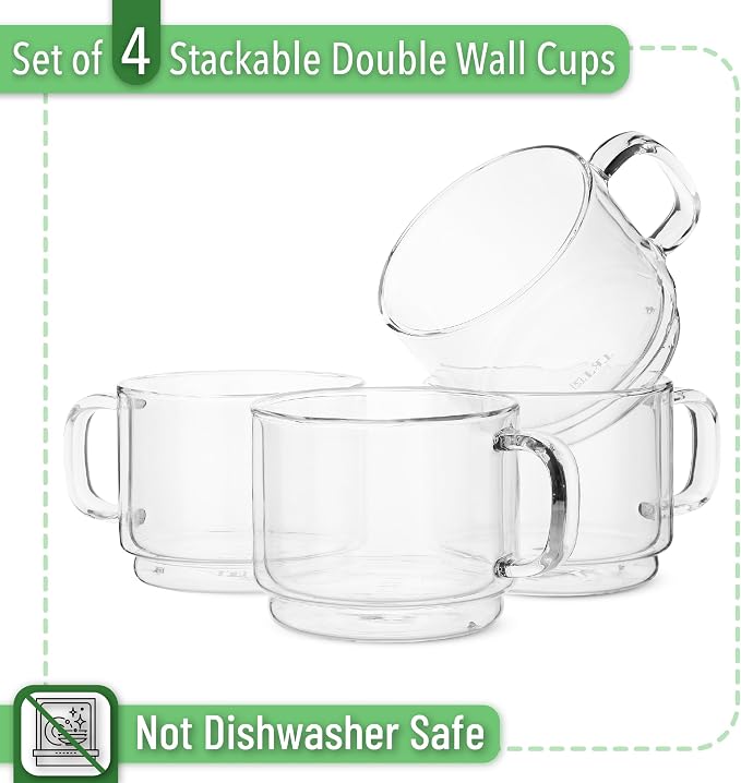 BTaT- Double Walled Stackable Glass Coffee Mugs, 16 oz, Set of 4, Glass Coffee Cups with Handle, Insulated Clear Coffee Mug for Hot and Cold Beverages, Cappuccino, Latte, Tea, Americano