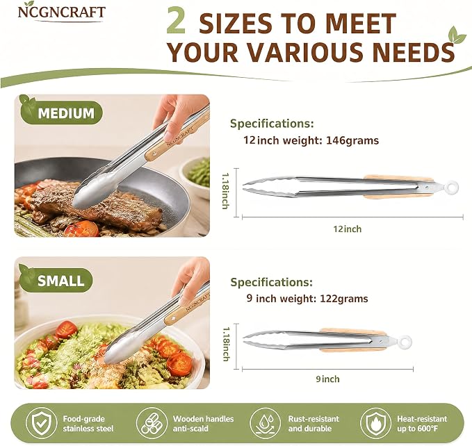 9+12 inch Stainless Steel Kitchen Tongs for cooking with Wood Handle, Set of 2