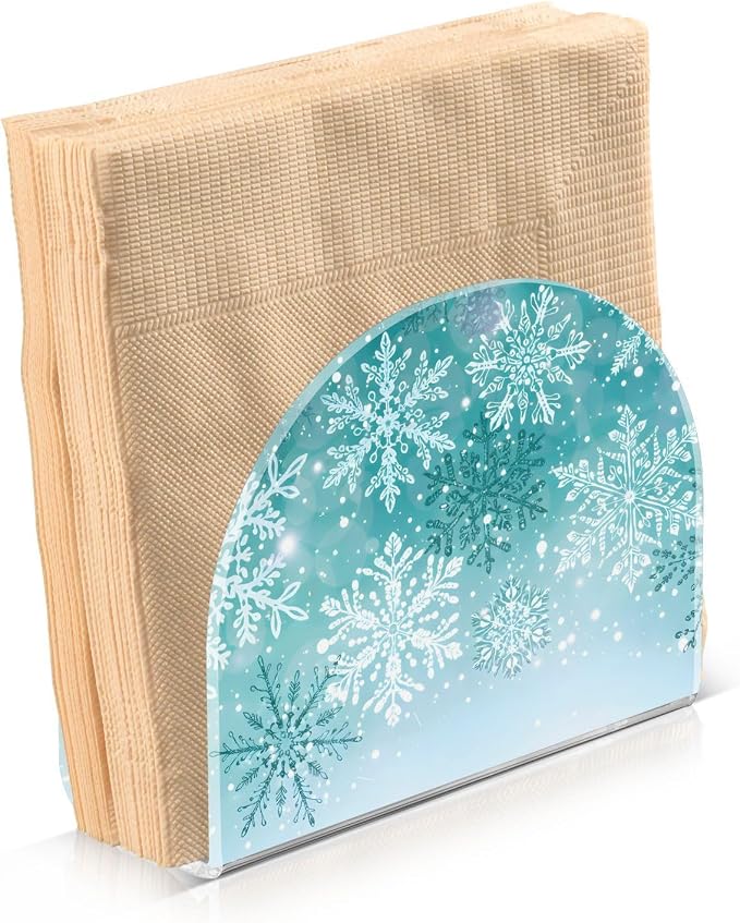 Silver Winter Teal Turquoise Snowflake Christmas Napkin Holder for Tables Paper Cocktail Napkin Holders for Kitchen Dinning Acrylic Dinner Napkin Dispenser for Restaurant Home Decor Bar Accessories