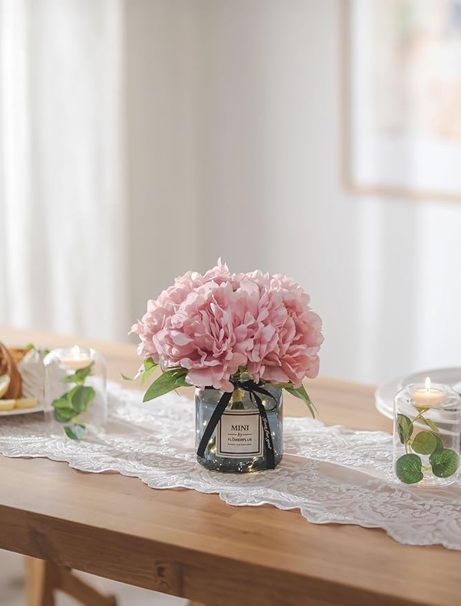 BLOSMON Pink Artificial Flowers in Vase: Fake Hydrangea with Gray Vase LED Light for Table Centerpieces Decor - Small Faux Arrangements Desk Vanity Bathroom Office Decoration (8.2" Height)