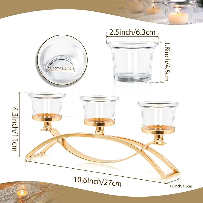 3-Arm Metal Tea Light Candle Holder Set with 5 Glass Cups, Votive Candle Holders Centerpiece Candelabra for Wedding Table Decor, Home Gatherings and Holidays (Gold, 5 Cups)
