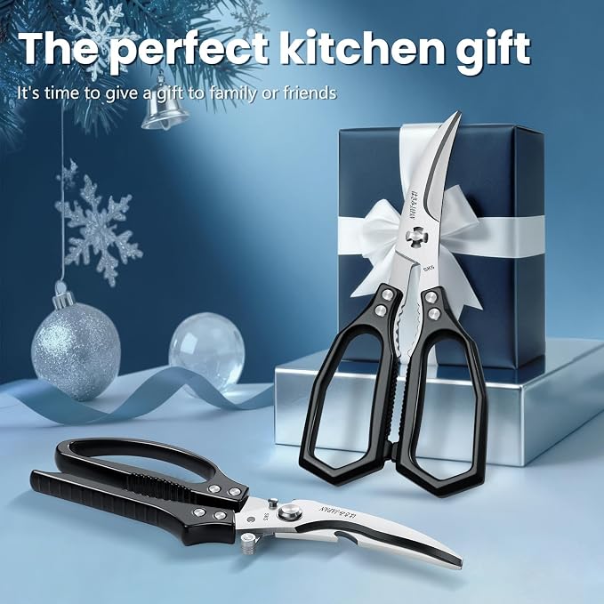 HUUSK Black Kitchen Scissors Set - Heavy Duty Kitchen Shears for Poultry & Sharp Seafood Scissors for Crab, Shrimp, Lobster, Nuts - Christmas Gift for Men and Women