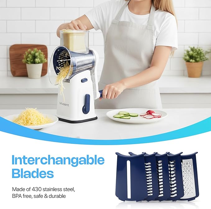 Vivaant Rotary Cheese Grater with Handle, Cheese Shredder Hand Crank with Suction Base & 5 Interchangeable Blades, Multi-Functional Food Chopper for Vegetables, Nuts & Chocolate - Easy to Use & Clean