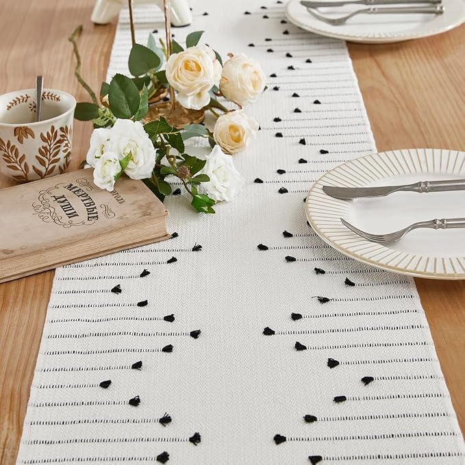 Wracra Boho Table Runner, Natural Cotton Woven Macrame Table Runners 60 Inches Long for Modern Farmhouse Woven Home Decor, 14x60 Inch, Black