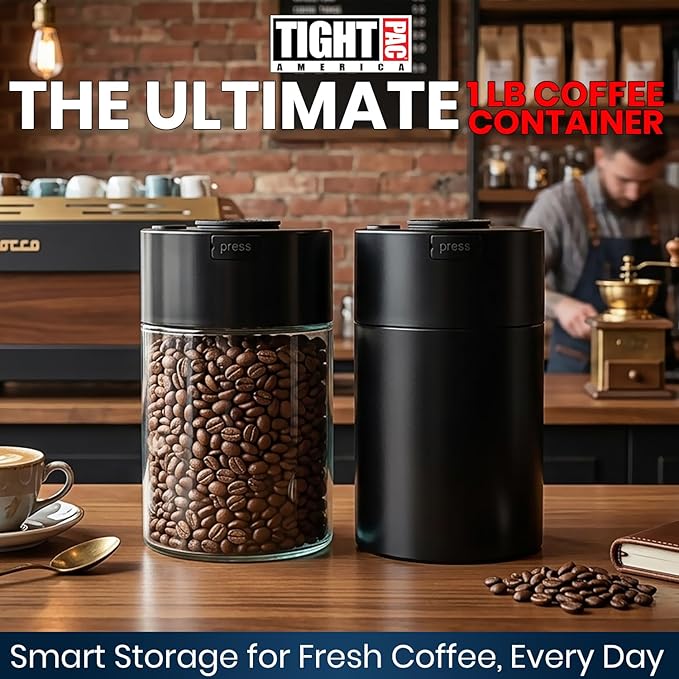 COFFEEVAC Pump It Out Airtight Coffee Container - Vacuum Coffee Storage Container for Ground Coffee Beans - Patented Vacuum Seal with Degassing Valve, 1 lb, Black/Clear