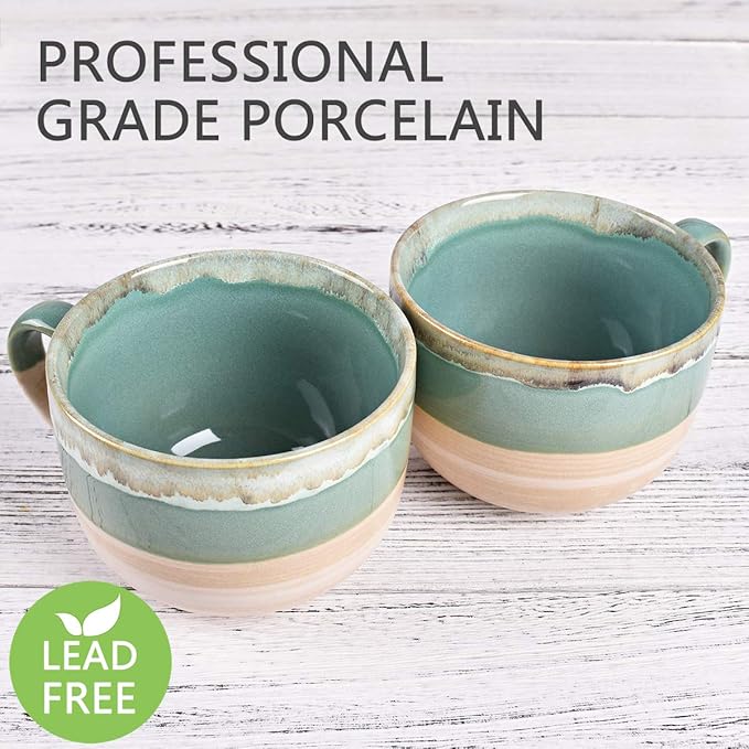 Bosmarlin Large Ceramic Coffee Mug Set of 2, Stoneware Jumbo Latte Mugs for Office and Home, 16 Oz, Dishwasher and Microwave Safe(Green, 2)