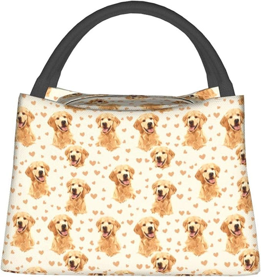 Cute Golden Retriever Dog with Heart Lunch Box for Women Girls Adults Insulated Playful Puppy Lunch Bag for Work Picnic Camping Travel Gifts Large Capacity Cooler Thermal Reusable Tote Makeup Bags