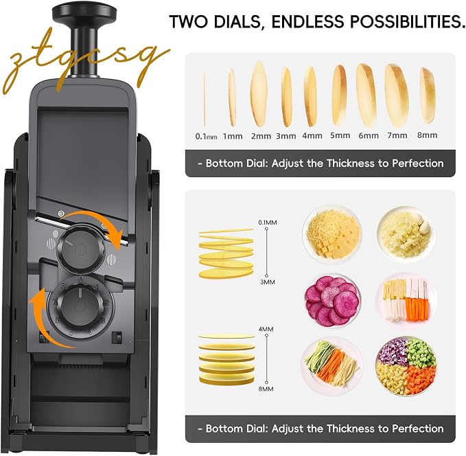 [All in 1] Vegetable Slicer with Adjustable Thickness, Easy to Clean Potato Mandoline Slicer with Container, Rapid Prep French Fry Veggie Cutter/Onion Slicer, Free Grater/Cleaning Brush (Black)
