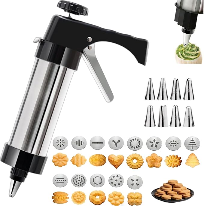 Stainless Steel Cookie Press Gun Kit with 13 Discs & 8 Piping Tips, Easy-to-Use Biscuit & Icing Gun for Baking and Cake Decorating, Perfect for DIY Christmas Cookies and Pastries.