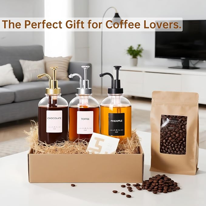 STARSIDE Coffee Bar Accessories 4 Pack - 16.9 oz/500 ml Glass Syrup Dispenser with Leakproof Gold Curved Pumps for Home Coffee, Cafes, Cocktails - Includes 31 Printed Labels, 5 Blank Labels
