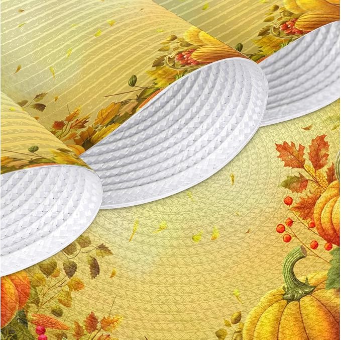 Round Placemats Set of 6, Autumn Pumpkin Maple Leaves Woven Placemats Mats Non-Slip Heat Resistant Washable Table Mats Round Braided Place for Farmhouse Kitchen Dining Party Decor 15in
