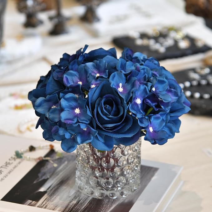 Rose Silk Flower Arrangement Artificial Vivid Rose in Glass Vase with LED Light Elegant Centerpiece for Home Wedding Bathroom Table Shelf Decoration (Navy Blue)