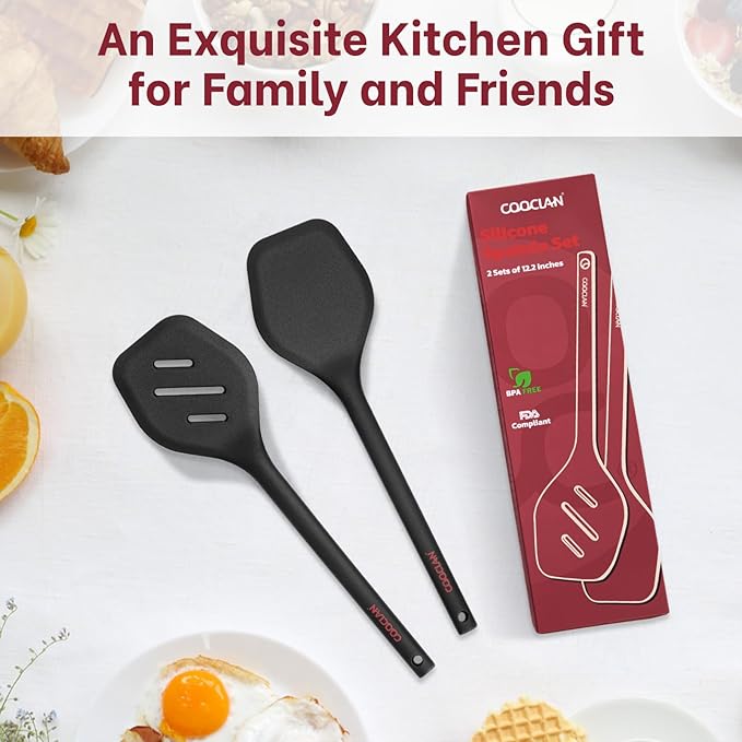Pack of 2 Silicone Spatula Set, Durable One-Piece Design Heat Resistant BPA-Free Silicone Kitchen Spatulas for Non-Stick Pans, Solid & Slotted Spatula Turner Ideal for Flipping, Frying, Black