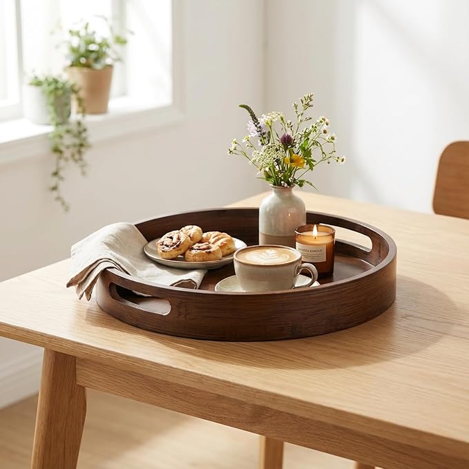 Round Trays Home Decor, 11.8" Large Round Wood Tray for Ottoman Coffee Table Trays, Wooden Kitchen Serving Decorative Trays for Home Office Counter Serveware Organizer, Walnut